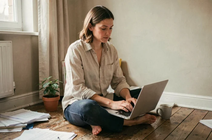 Mère blogueuse authentique tapant sur son ordinateur portable dans un bureau à domicile décoré de façon naturelle