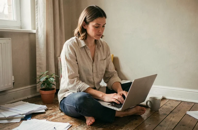 Mère blogueuse authentique tapant sur son ordinateur portable dans un bureau à domicile décoré de façon naturelle