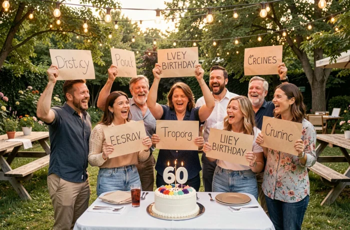 Groupe d'amis tenant des pancartes formant un message collectif d'anniversaire autour d'un gâteau 60 ans en fête de jardin