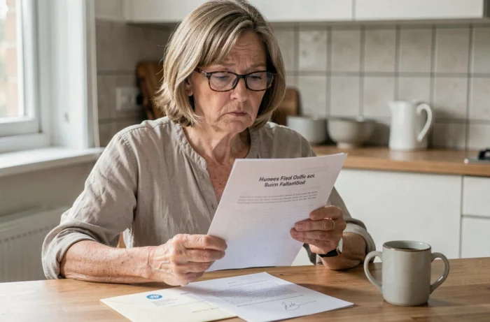Femme de 60 ans lisant un faux courrier administratif humoristique à la table de cuisine avec une expression sérieuse