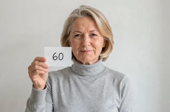 Femme de 60 ans tenant un carton minimaliste avec uniquement le chiffre 60 inscrit dessus