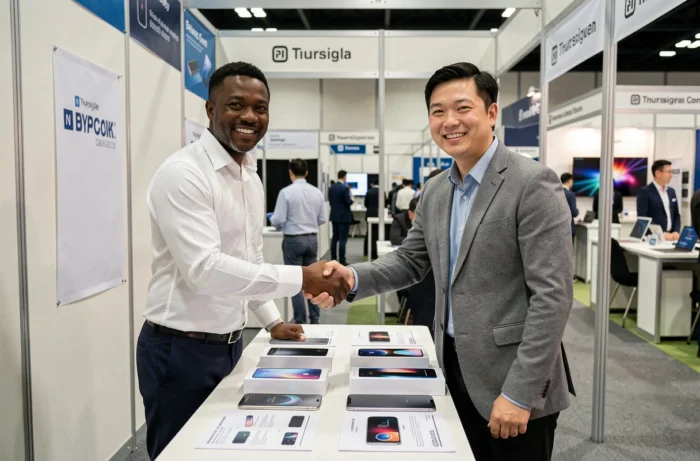 Entrepreneur et fournisseur d'usine se serrant la main lors d'un salon commercial de téléphones mobiles à prix avantageux