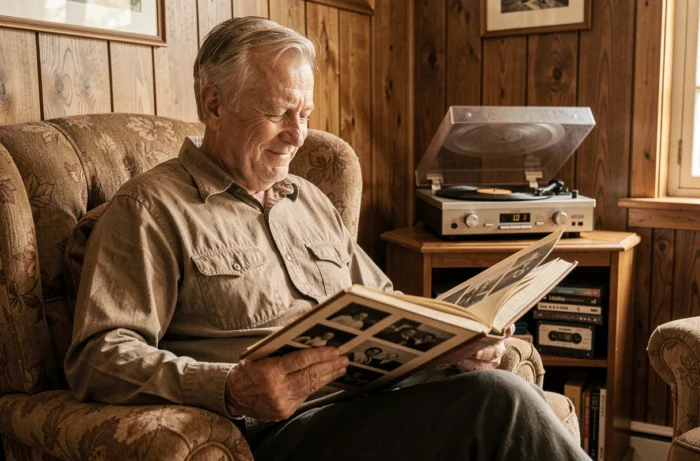 Homme de 60 ans feuilletant un album photo avec le sourire dans un salon rétro avec tourne-disque et cassettes