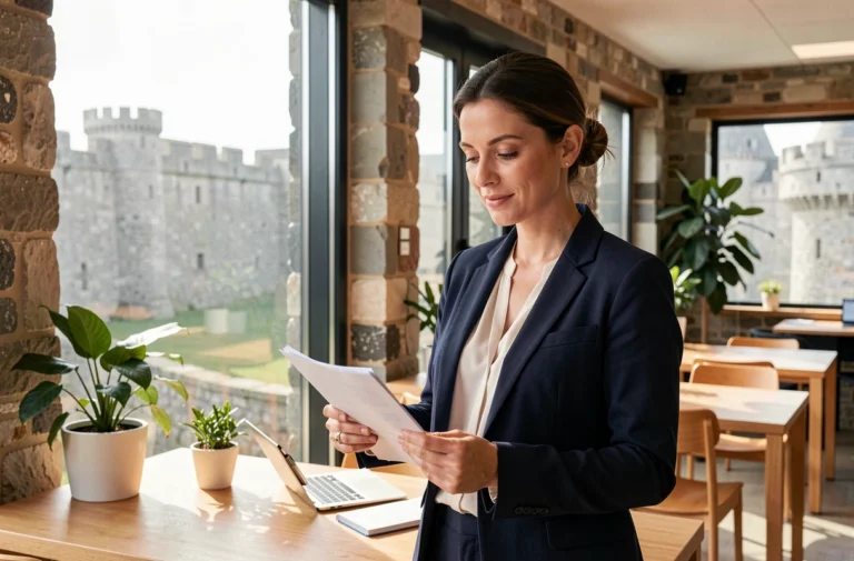 Femme d'affaires travaillant dans un espace de coworking à Saint-Malo avec vue sur les remparts historiques