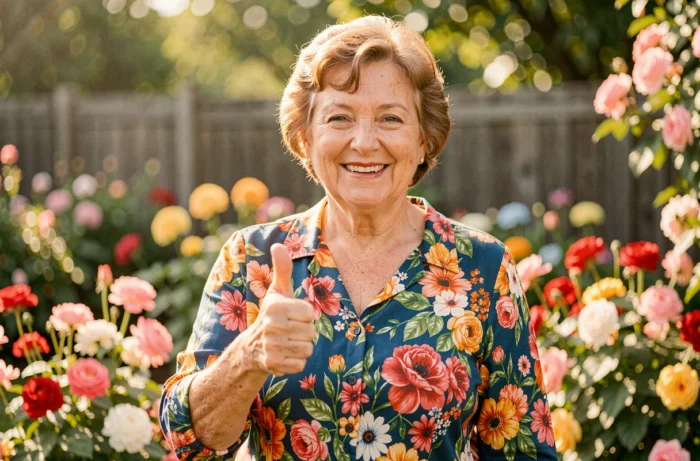Femme de 60 ans faisant un pouce levé joyeux dans un jardin fleuri ensoleillé avec une expression optimiste