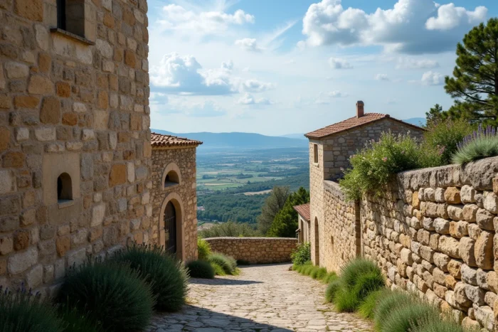 Vue panoramique de Robion perché dans le Luberon avec clocher roman et champs de lavande