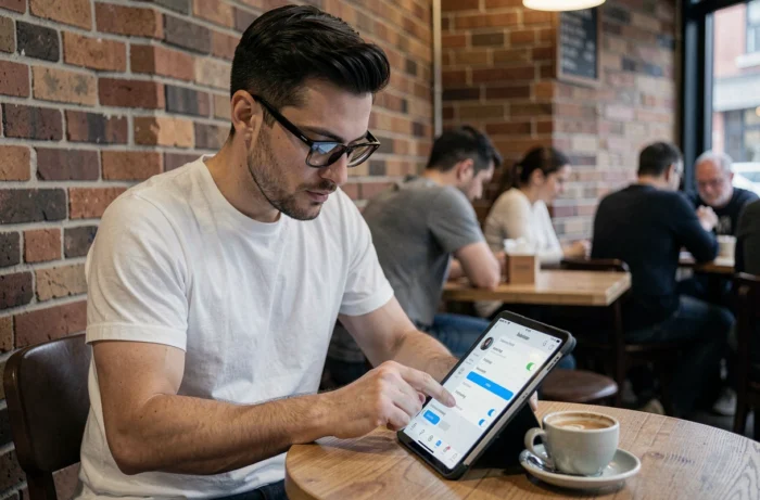 Homme configurant les paramètres de confidentialité d'un compte Instagram incognito sur une tablette dans un café