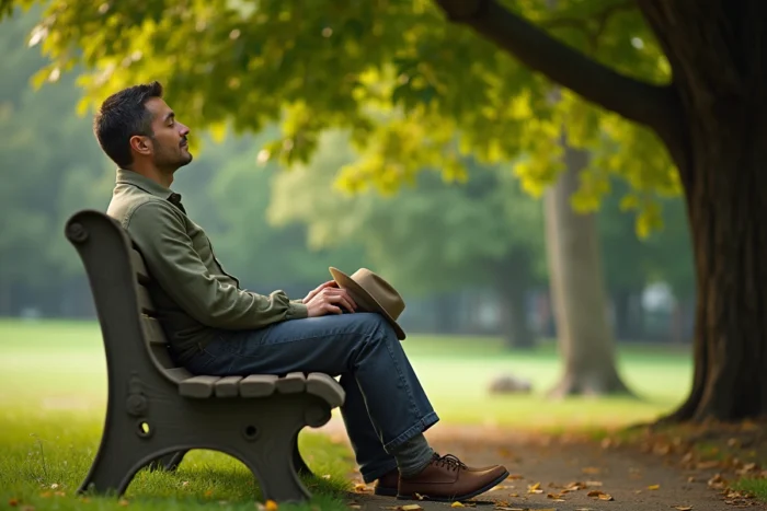 Homme faisant une pause à l'ombre sous un arbre dans un parc, son chapeau posé sur le genou pour laisser la tête se rafraîchir