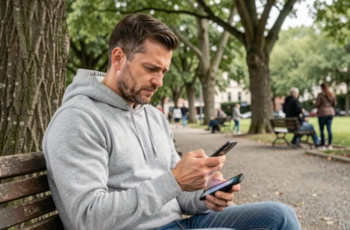 Père parcourant un blog parental sur son smartphone assis sur un banc dans un parc urbain