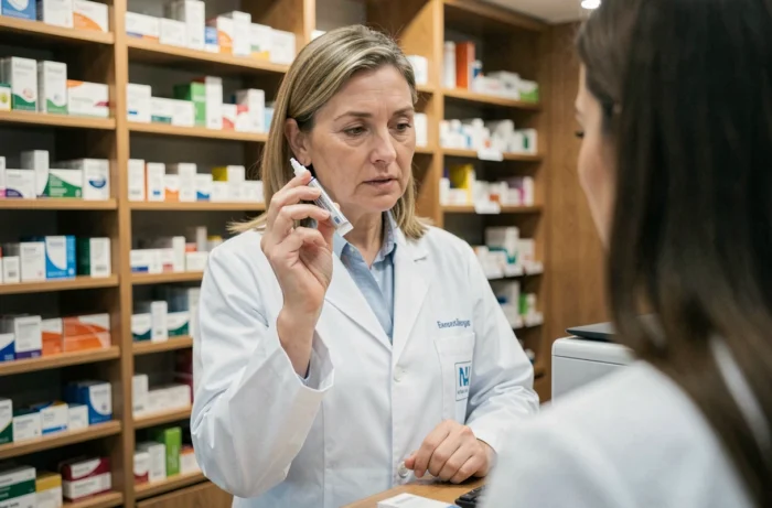 Pharmacienne expliquant l'application correcte de la pommade ophtalmique Sterdex à un patient au comptoir d'une pharmacie