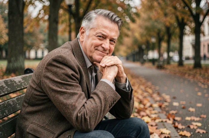 Homme de 60 ans assis en pose de philosophe sur un banc de parc entouré de feuilles d'automne