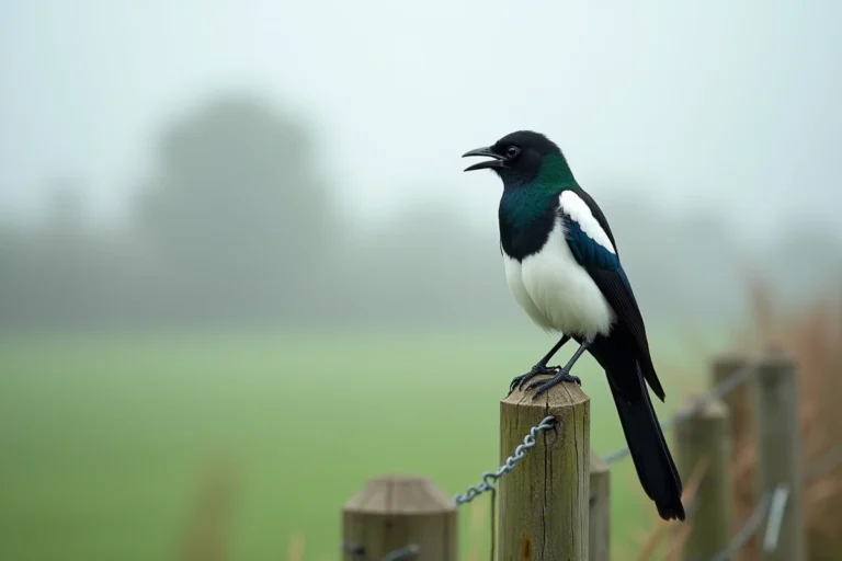 Pie bavarde perchée sur un piquet de clôture en bois dans la campagne brumeuse, bec ouvert en train de crier, plumage irisé bleu-vert et blanc très détaillé