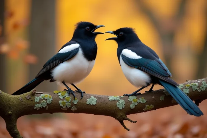 Deux pies bavardes face à face sur une branche de chêne en forêt automnale, l'une criant et l'autre écoutant, illustrant la communication sociale de cet oiseau