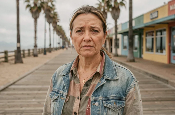 Portrait d'une femme en situation de précarité près d'une promenade côtière, regard digne et expressif malgré les épreuves de la vie