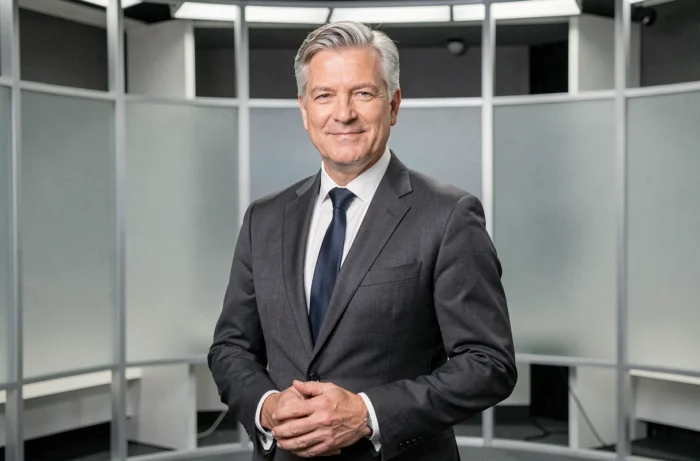 Portrait professionnel d'un homme élégant en costume gris devant un décor de studio de télévision français moderne