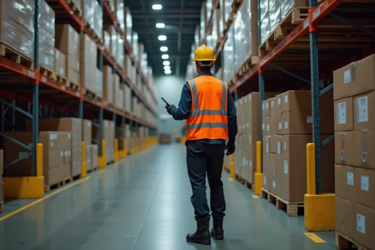 Préparateur de commandes Amazon en entrepôt de nuit scannant des colis sur des étagères métalliques