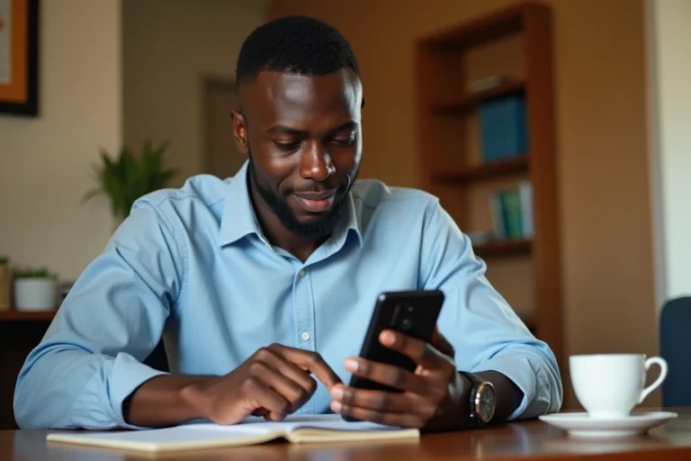 Homme utilisant une application de prêt en ligne Wave sur smartphone depuis un bureau à domicile