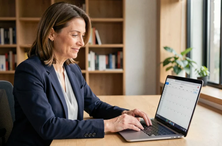Professionnelle qui réserve un rendez-vous en ligne sur son ordinateur portable dans un bureau moderne
