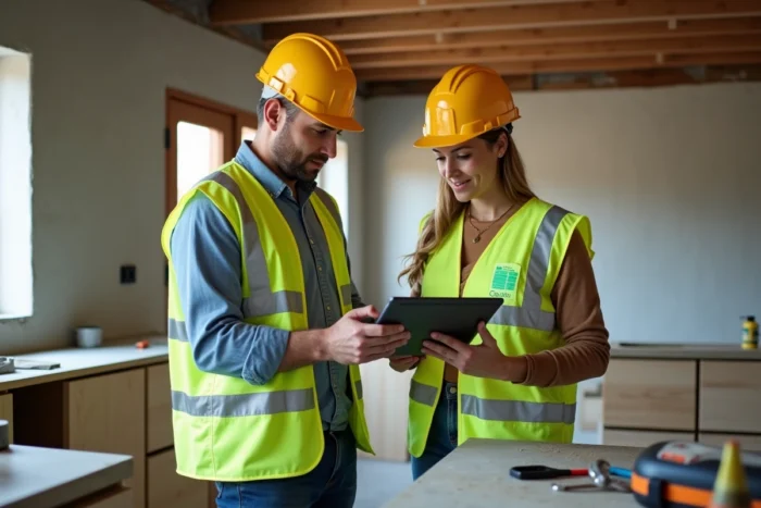 Deux professionnels du bâtiment consultant un tableau de bord de budget travaux sur tablette dans une cuisine en rénovation