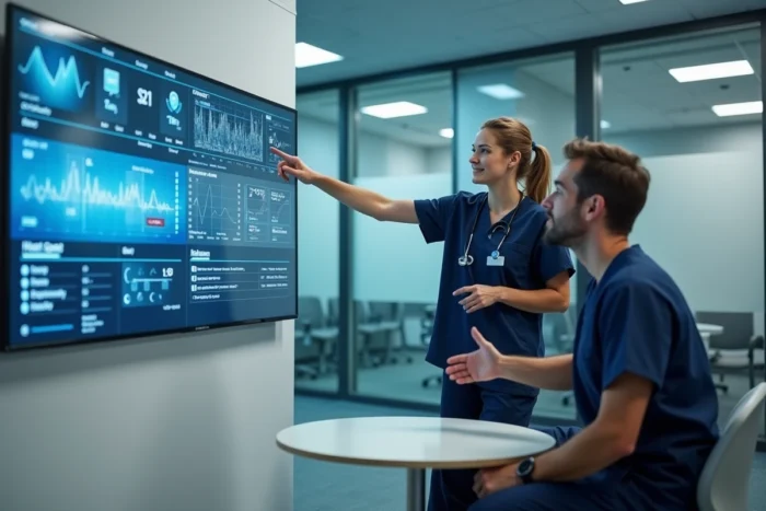 Deux professionnels de santé collaborant autour d'une interface numérique murale dans un espace hospitalier moderne