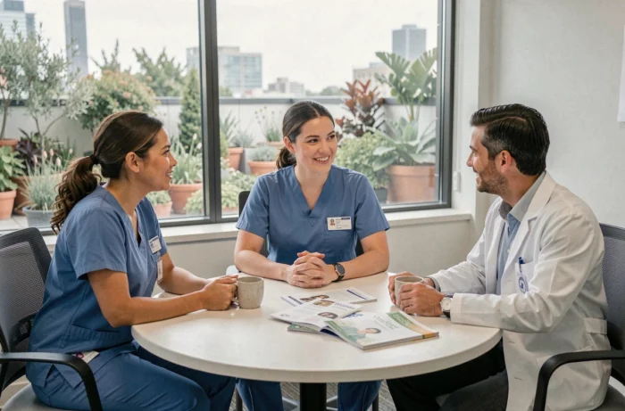 Professionnels de santé réunis autour d'une table pour discuter de solutions bien-être sur mesure en milieu hospitalier