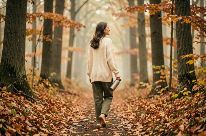 Femme se promenant pieds nus sur un chemin forestier en automne, profitant de la nature pour améliorer son bien-être et sa santé mentale