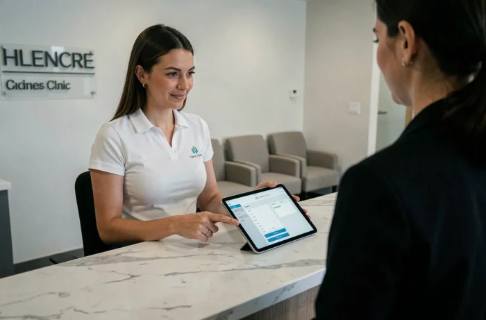 Réceptionniste présentant un système de prise de rendez-vous en ligne sur tablette à un client dans un accueil professionnel