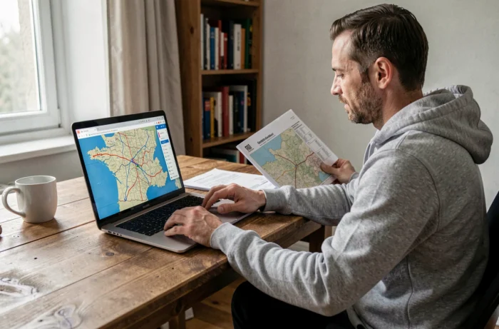 Homme recherchant une carte des autoroutes françaises 2026 en ligne depuis son bureau à domicile