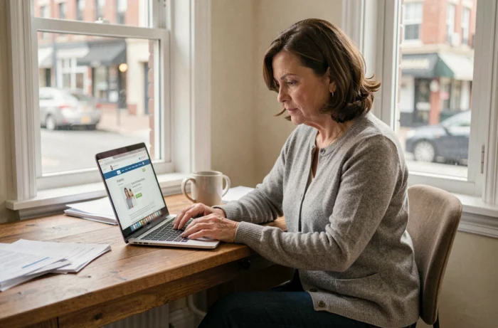 Femme en recherche d'emploi consultant des offres en ligne depuis son bureau à domicile dans le cadre d'une réinsertion professionnelle