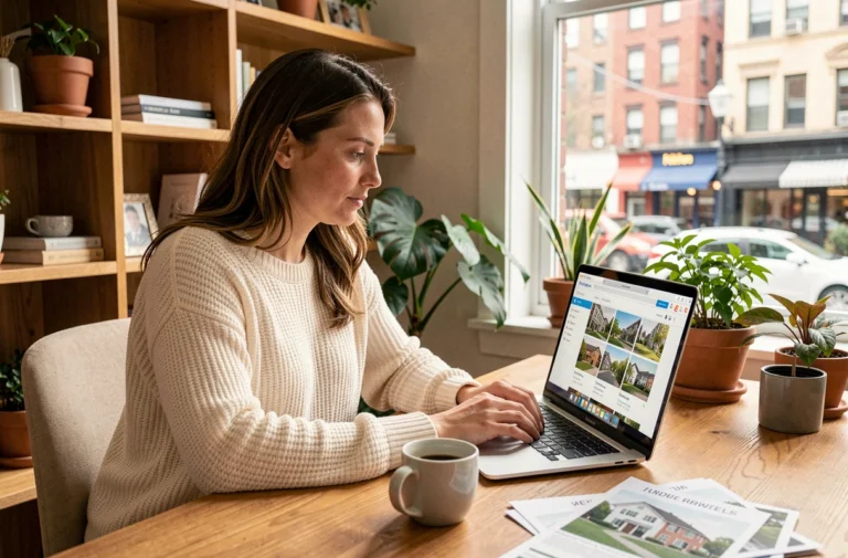 Femme consultant des annonces immobilières sur un ordinateur portable dans un bureau à domicile chaleureux