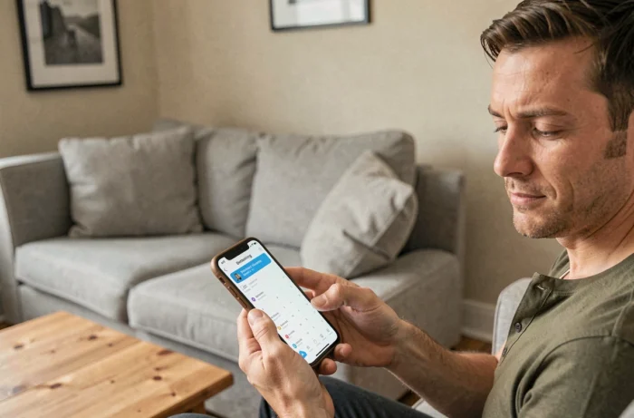 Homme qui prend rendez-vous en ligne via une application mobile depuis chez lui