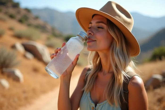 Femme s'hydratant en buvant de l'eau depuis une gourde en verre lors d'une randonnée estivale sous un chapeau à larges bords