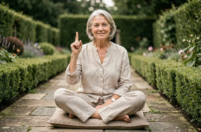 Femme de 60 ans assise en position sage dans un jardin levant le doigt avec un sourire légèrement ironique