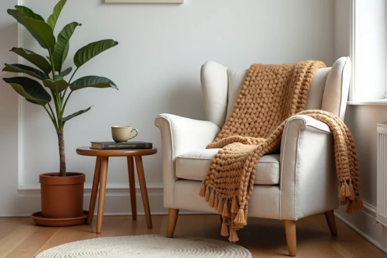 Coin salon cosy avec fauteuil en lin crème, plaid en laine tressée et table en bois naturel pour créer un intérieur chaleureux et douillet