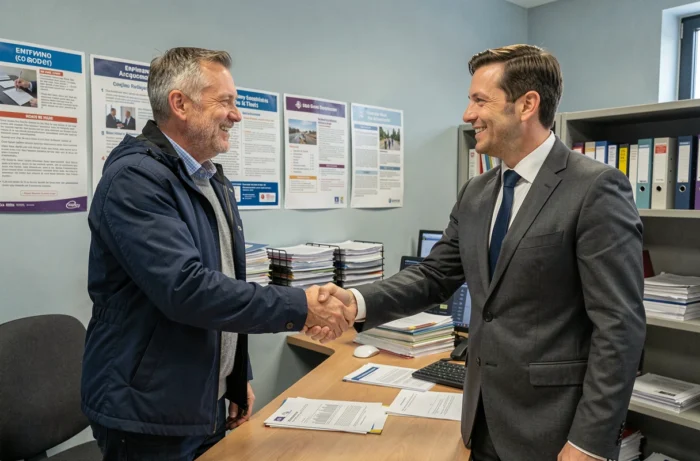 Signature d'un contrat aidé entre un demandeur d'emploi et un conseiller dans une agence pour l'emploi