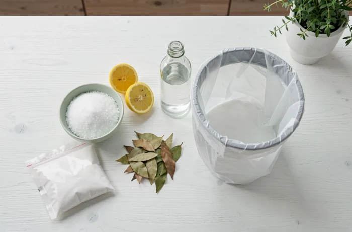 Remèdes naturels contre les asticots disposés sur un plan de travail de cuisine : sel, citron, vinaigre blanc et bicarbonate