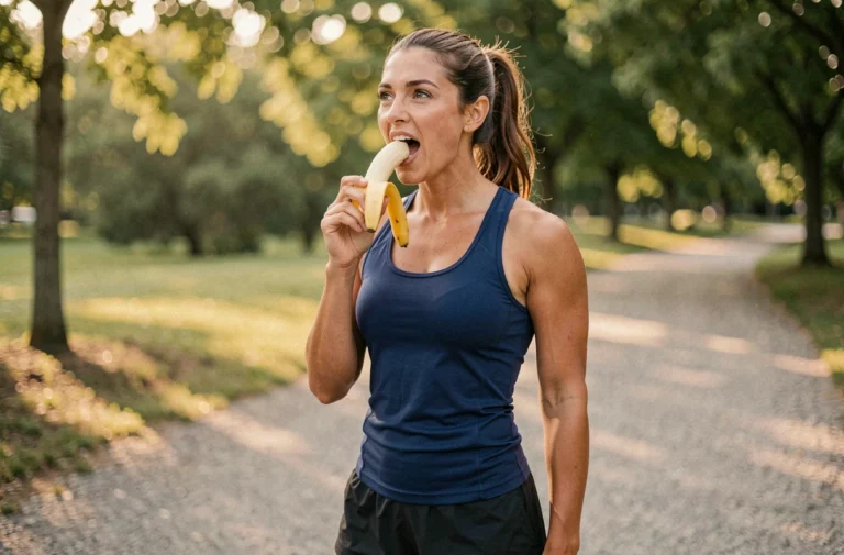 Sportive mangeant une banane mûre lors d'une pause running en plein air