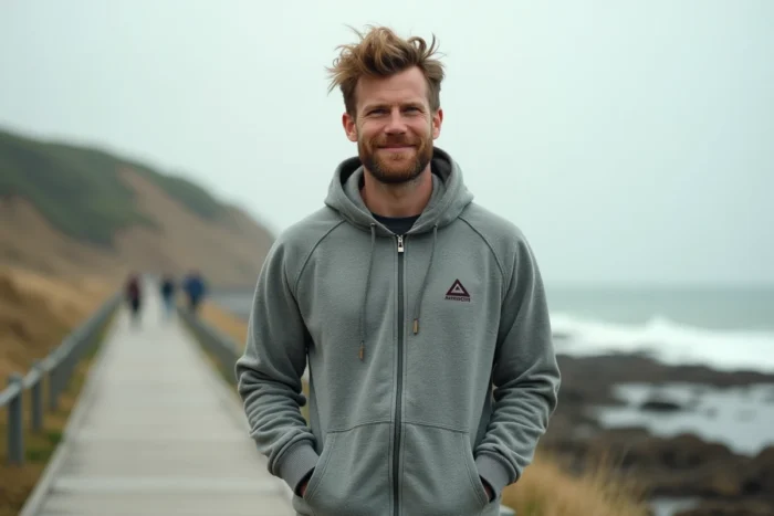 Homme portant un sweat Armor Lux sur le littoral breton, style décontracté et authentique
