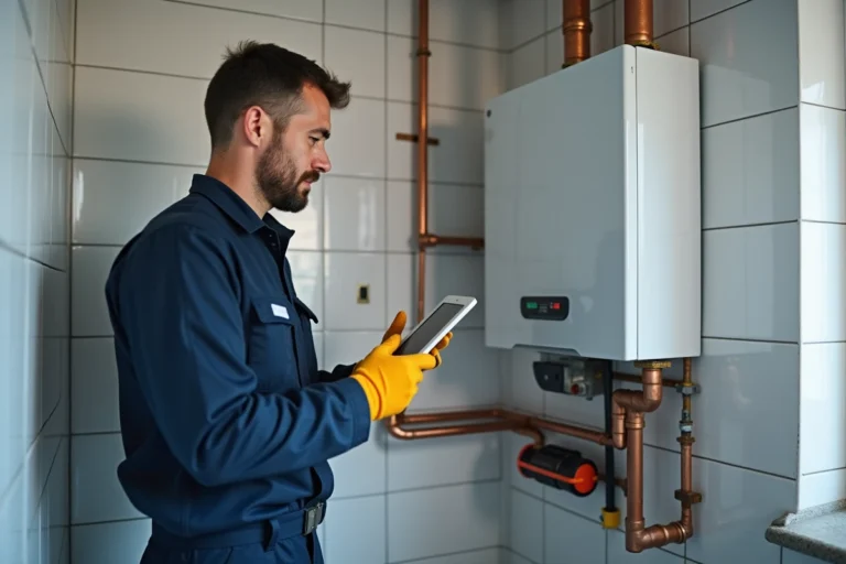 Technicien chauffagiste inspectant une chaudière gaz murale dans une chaufferie moderne
