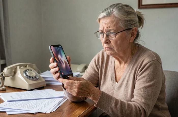 Femme de 60 ans regardant un smartphone moderne avec perplexité, comparé à un téléphone vintage