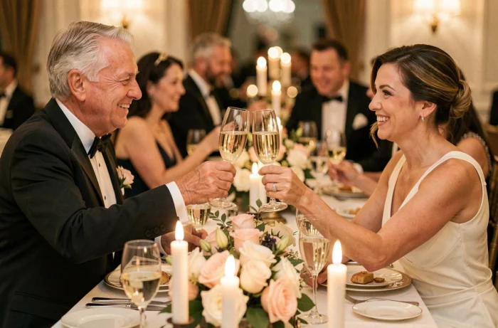 Homme et femme de 60 ans portant un toast au champagne lors d'un dîner d'anniversaire élégant avec bougies et fleurs