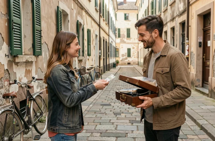 Deux personnes finalisant une transaction d'achat et vente d'objet d'occasion suite à une petite annonce gratuite en ligne