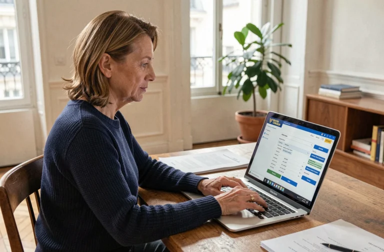 Femme utilisant un ordinateur portable pour effectuer un transfert d'argent en ligne via Western Union depuis son domicile en France