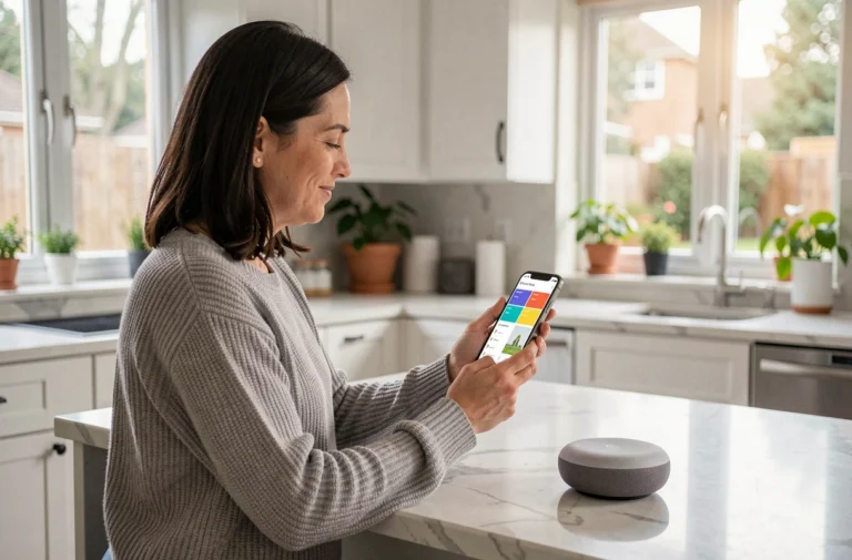 Femme utilisant la tuile Google Home sur son smartphone dans une cuisine moderne avec un appareil Google Nest Hub