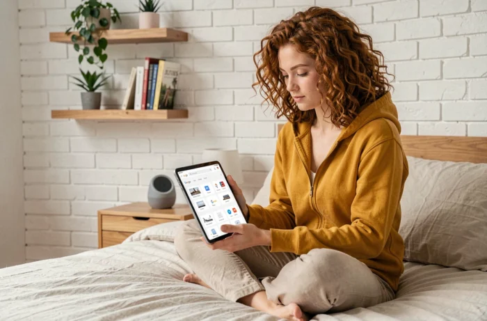 Jeune femme consultant les tuiles Google Home sur une tablette dans une chambre bureau moderne