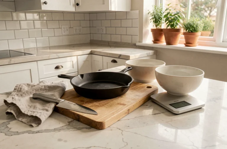 Ustensiles de cuisine essentiels disposés sur un plan de travail en marbre dans une cuisine moderne bien organisée