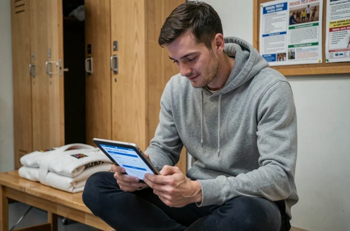 Jeune homme complétant une validation de grade en ligne sur une tablette dans les vestiaires d'un dojo de judo