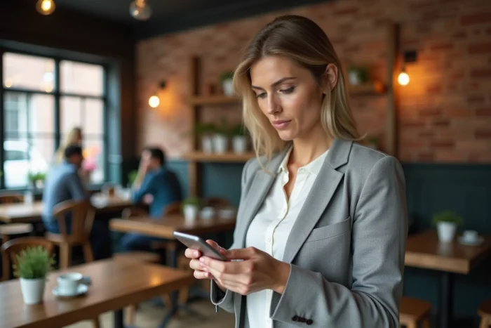 Femme lisant des critiques en ligne sur son smartphone dans un café, représentant la vérification d'avis sur Simon Cavallo