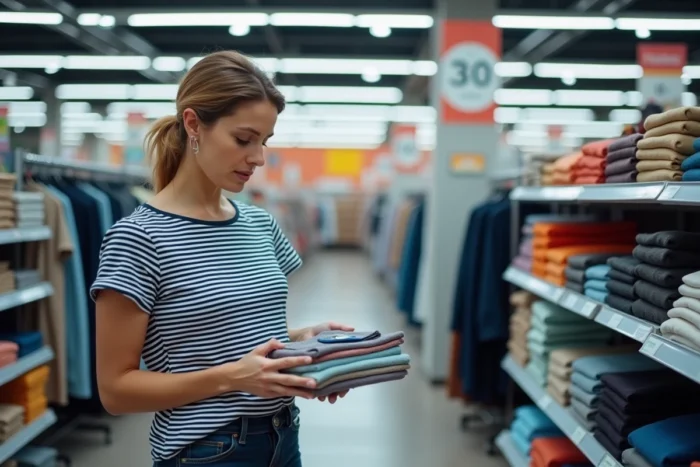 Femme examinant un vêtement Armor Lux dans le rayon textile d'un supermarché Intermarché