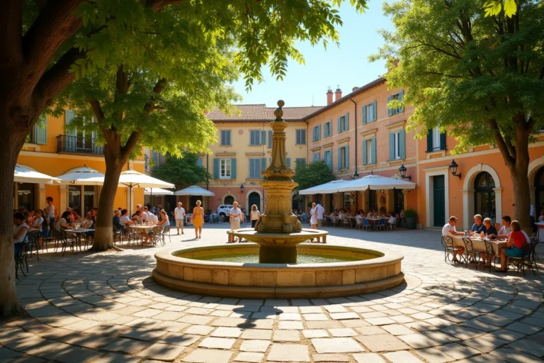 Place du village de Robion en Provence avec fontaine en pierre et habitants sous les platanes